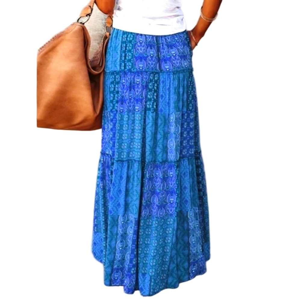 Maxi Skirt Blue 70s Style Patchwork Print Flowy Boho Long Skirts Hippie Skirts - Picture 9 of 9
